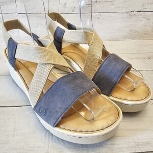 Born Sandals Womens 10M Blue Tan Strappy Suede Leather Wedge Leather Kasady Shoe